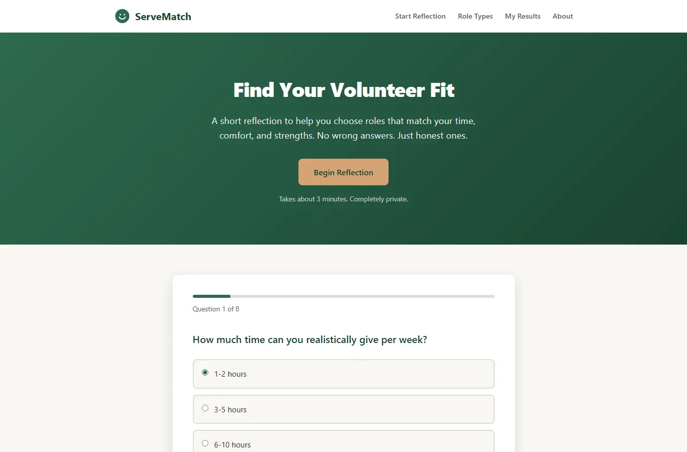 Screenshot of ServeMatch: Volunteer Role Fit Reflection interface showing the project page in use